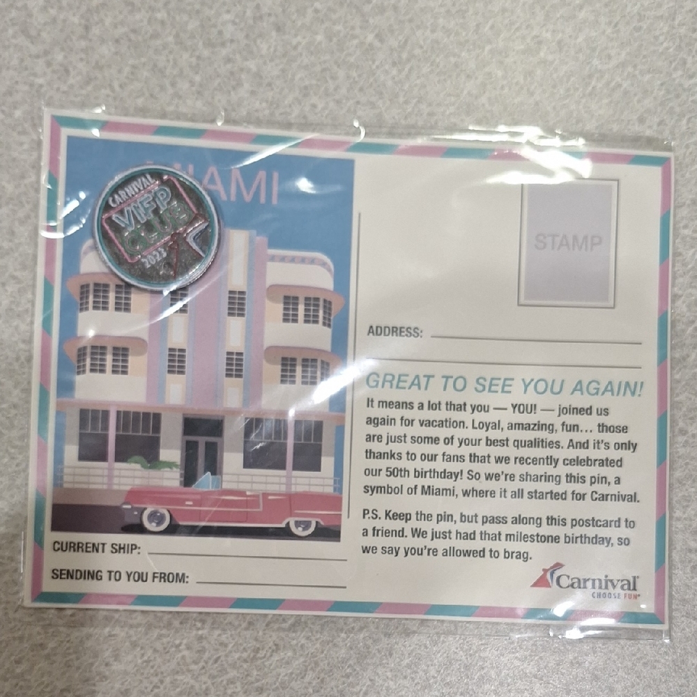 Carnival Cruise Line 2023 VIFP pin and Miami Postcard